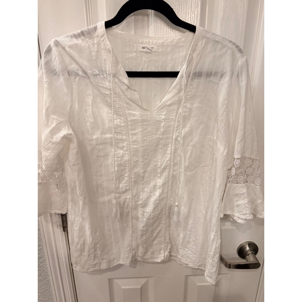 Westport Peasant Blouse White Lace Crochet Bell Sleeve Tassel Boho Cotton Top